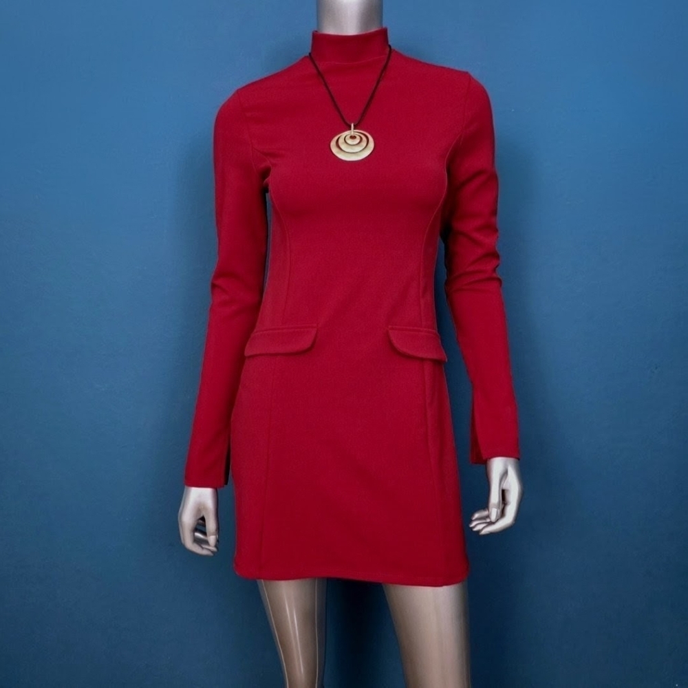 🆕️🪭 ASOS DESIGN Mod 1960s Style High Neck Red Mini Dress w/ Pocket Detail NWOT